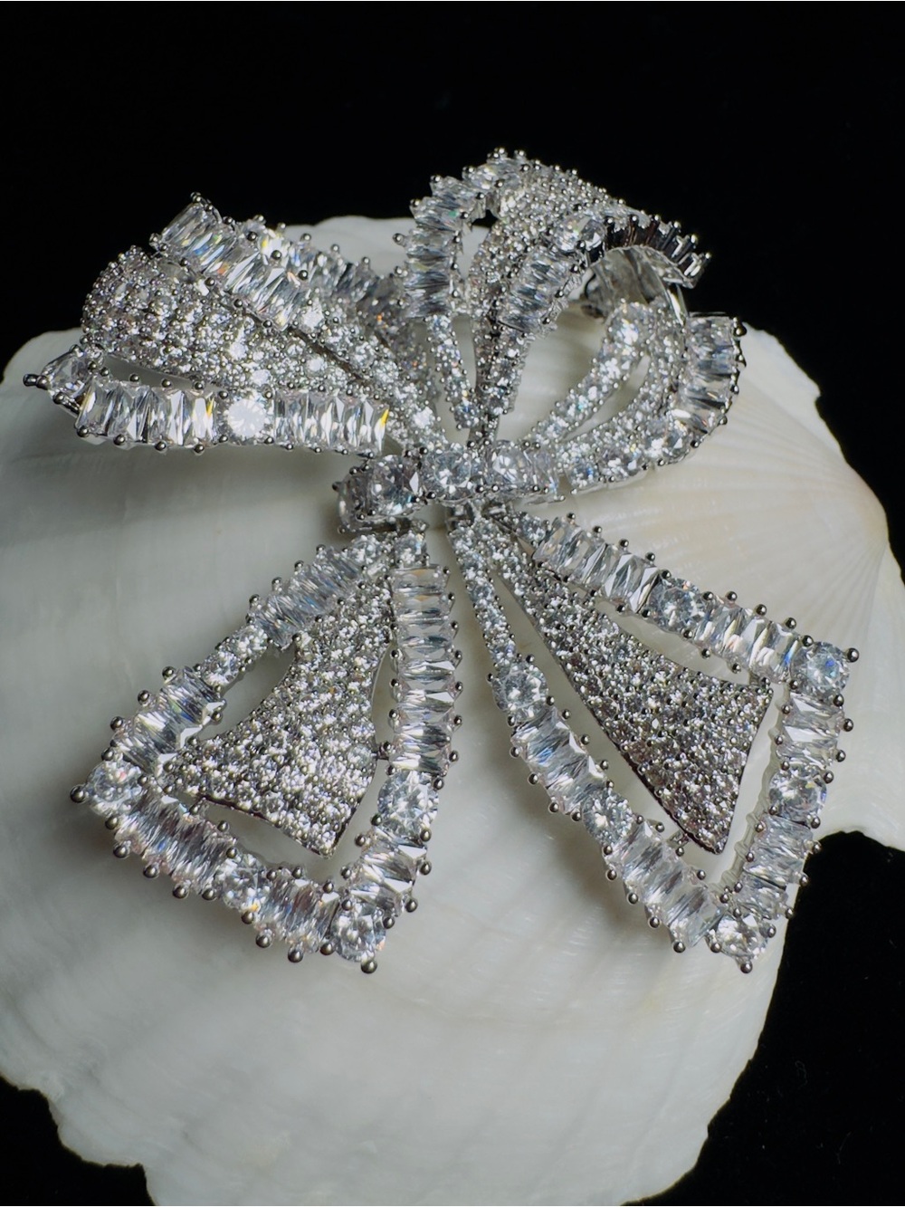 CZ Crystal Bow Brooch Platinum Plated Statement Pin